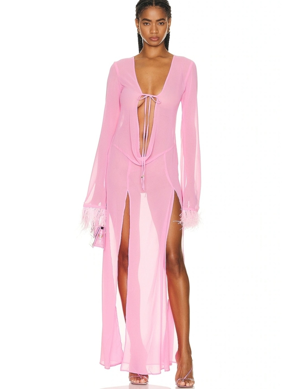 Bananhot Pink Feather Cuff Maxi Dress with Draped Front Size xs/s